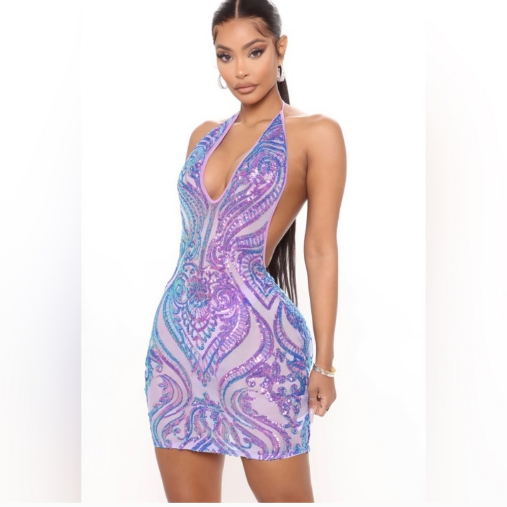FASHION NOVA Lilac Purple Halter Open Back Sequins Mini Dress Sz M - Picture 5 of 6